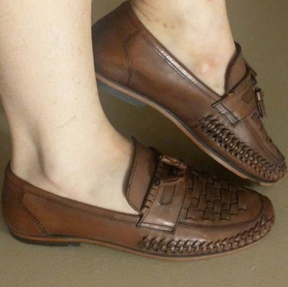 ASOS WALK LONDON Cognac Woven Leather Saddle Loafers Ft Apron Tops & Tasselling - Picture 7 of 15